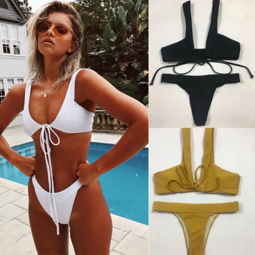 

New Women Bikini Set Padded Bra Bathing Suit Beach Bandage Swimsuit Solid Lace up Simple Style Swimwear Push-up