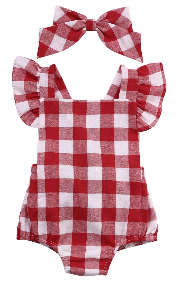 Модная хлопковая одежда без рукавов для новорожденных девочек и мальчиков комбинезон-боди для игр в клетку с бантом - Цвет: Красный
