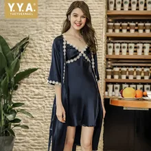 Лето высокое качество роскошные наборы Мода ночные рубашки из искусственного шелка халат наборы сексуальный глубокий v-образный вырез цветочные пижамы домашний костюм два предмета