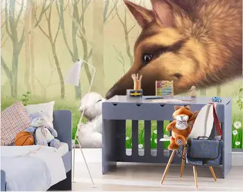 

Custom Any Size Mural Wallpaper Cartoon wolf and small animal children room background wall Home Decor Living Room Wall Covering