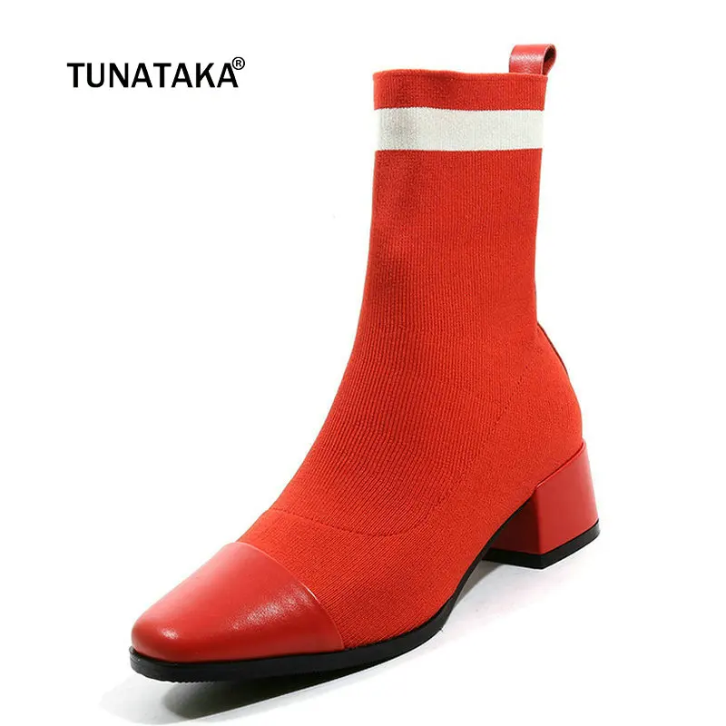 

Women Genuine Leather Comfort Low Heel Knitting Ankle Boots Fashion Square Toe Slip On Fall Winter Bootis Black Red