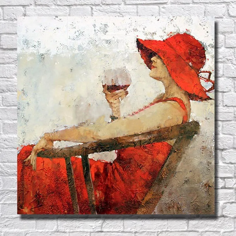 

Modern Home Decor Wall Art Pictures Gift Hand Painted Abstract Figure Oil Paintings on Canvas Large Knife Red Hat Woman Painting