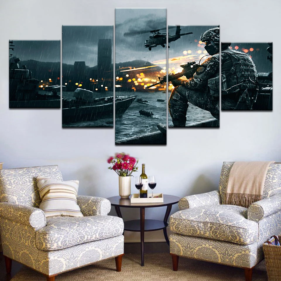 

5pcs HD Printing Canvas Painting War Game Battlefield 5 Art Group Home Decor Wall Poster Modular Picture