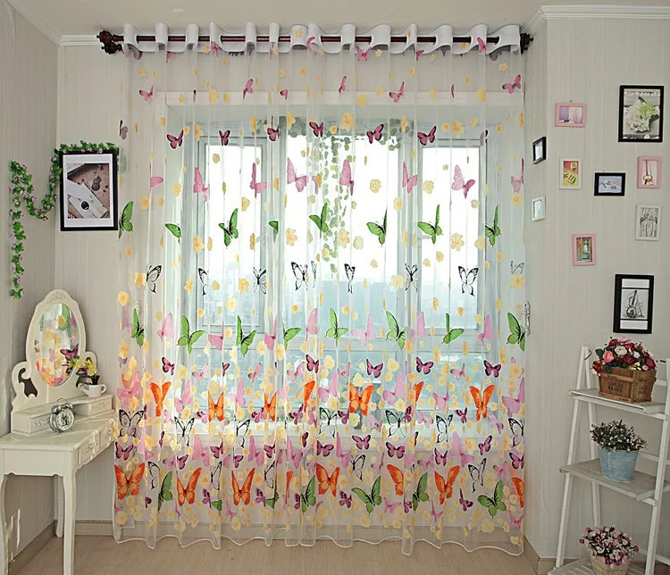 Topfinel Красочные бабочки отвесные занавески вуаль тюль для кухни гостиной спальни обработки окна Скрининг Шторы