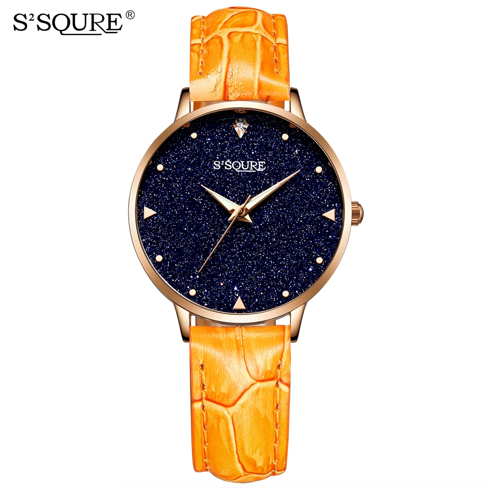 

S2SQURE Luxury Women Watches Leather Ladies Clock Buckle Starry Diamond Geometric Surface Casual Dress Quartz Wristwatch S004