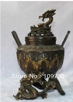 

00908 11" Chinese Bronze Gilt Circle Dragon Phoenix Ball Ruyi Incense Burner Censer