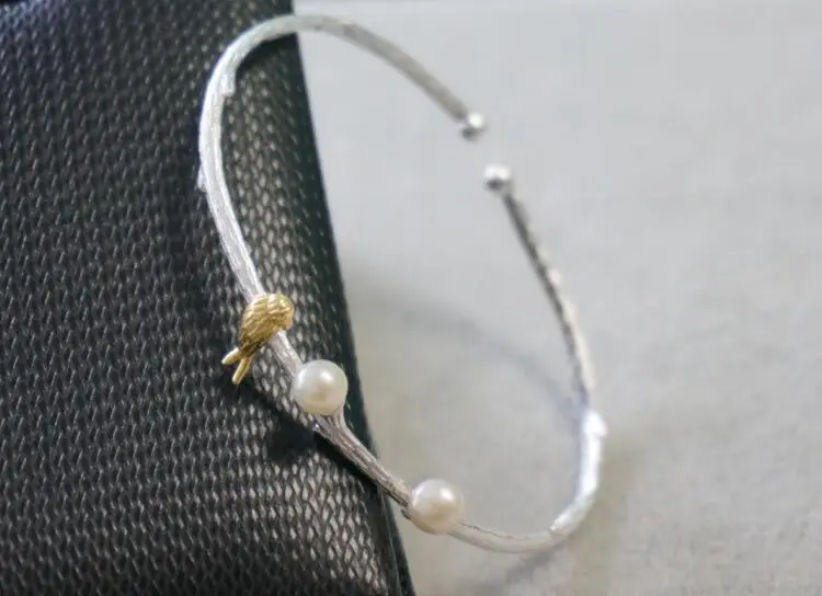 Personality design 925 sterling silver bangles two tone color bird and pearl brushed silver design handmade fashion jewelry