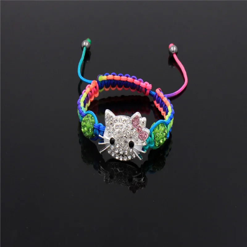Детские хрустальные браслеты с кошачьей головой для детей, милый браслет Шамбала, браслеты из нитей, браслеты для девочек, ювелирное изделие, подарок - Окраска металла: green0