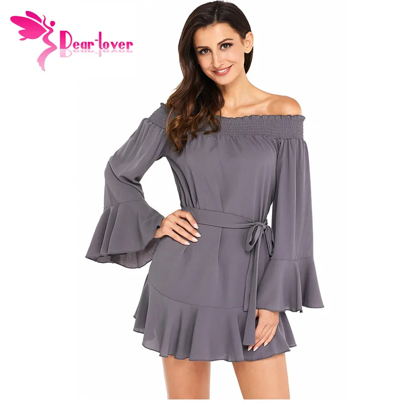 Dear Lover Women Autumn 2017 Sexy Ladies Off Shoulder Flare Long Sleeve Drop Hem Pleated Mini