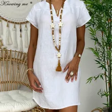 Летнее хлопковое льняное одноцветное платье для женщин, повседневное пляжное платье с коротким рукавом и v-образным вырезом, женские вечерние платья размера плюс