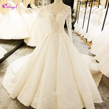 

Detmgel Vestido de Noiva Chapel Train Appliques Lace A-Line Wedding Dresses 2020 Luxury Beaded Scoop Neck Long Sleeve Bride Gown