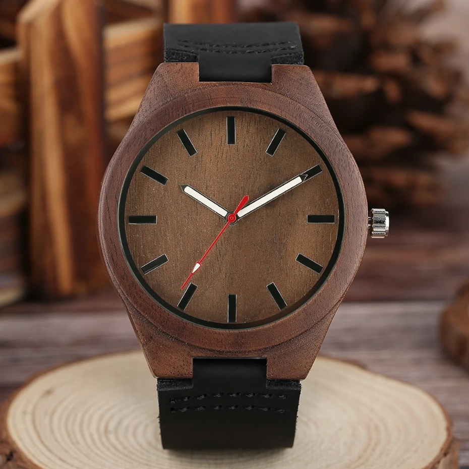 Mens Watches Wood Bamboo Minimalist Style Clock Soft Black Genuine Leather Men's Sport Casual Dress Quartz Watch Reloj de madera 2017 2018 Gifts for Men (10)