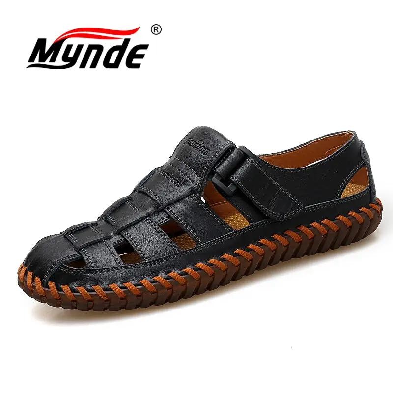 Men Cow Leather Sandals Handmade Men Shoes Breathable Shoes Flat Walking Sandals,brown6,9.5