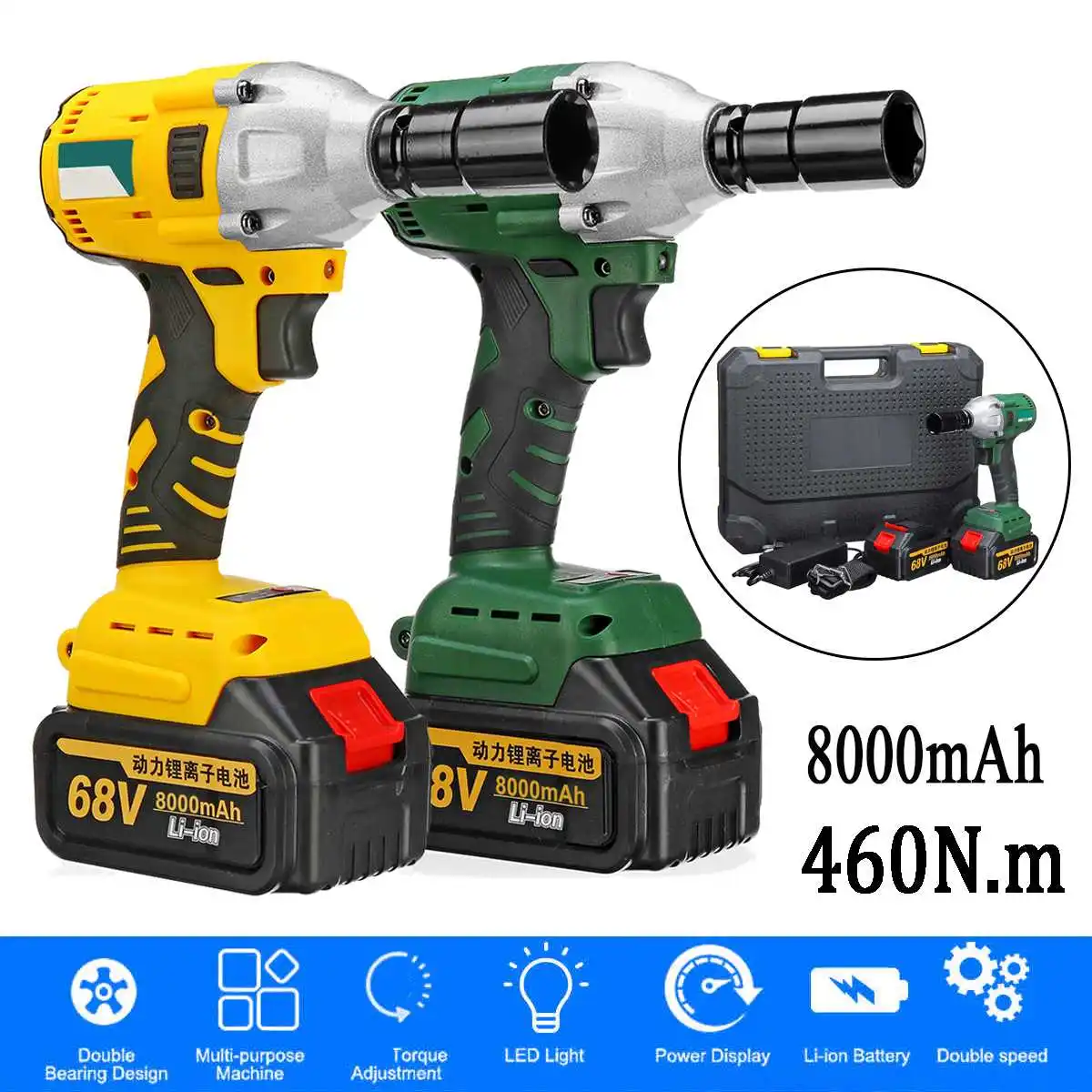 

68V 8000mAh Electric Brushless Cordless Impact Wrench 2 Batteries 1 Charger 110V-220V 460N.m High Torque Electric Wrench Tools