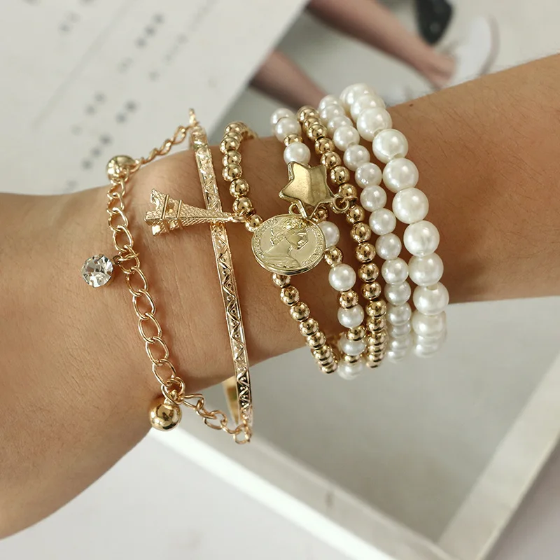 

Europe and the United States sweet Philta logo beaded retro bracelet coin bracelet bracelet 6 sets / beads multilayer elastic br