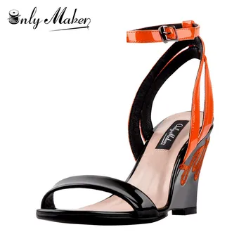 

Onlymaker Women's Bordered Ankle Strap embroidery shoes women Low Mid Wedge 8.5 CM Heel bordeved Sandals