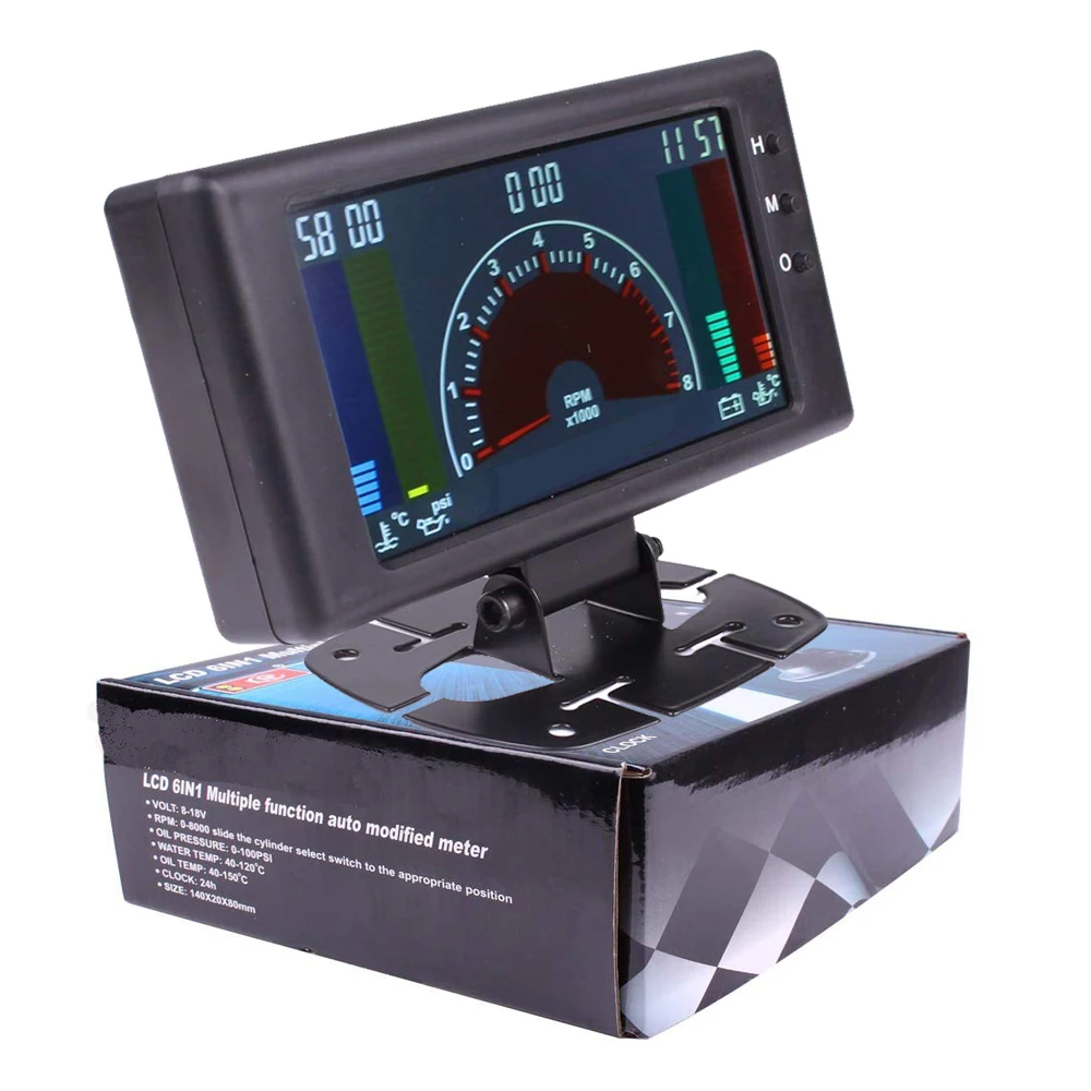 

6 in 1 LCD Car Digital Gauge Oil Pressure Voltage Water Temperature Oil Temperature Tachometer RPM Gauge 8~18 V