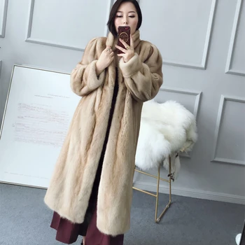 

Whole Mink Real Fur x-long Women Turn-down Collar Coat Winter Long Slim Warm Mink Fur Jacket