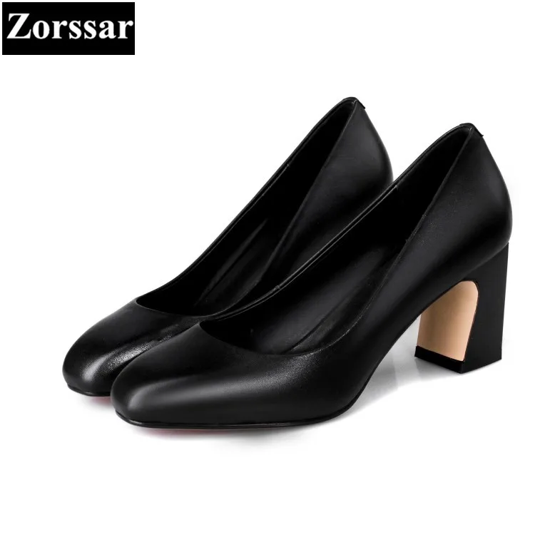 

{Zorssar} Genuine leather women dress shoes High Heels round tou slip on Fashion woman pumps womens Office career shoes