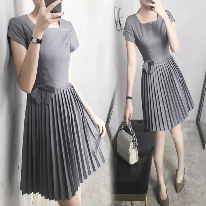 

2019 New Arrival Women Elegant knee-length Pleated Dress Vestidos Formal Vintage A-line Midi Office Lady Work Wear Party Dress