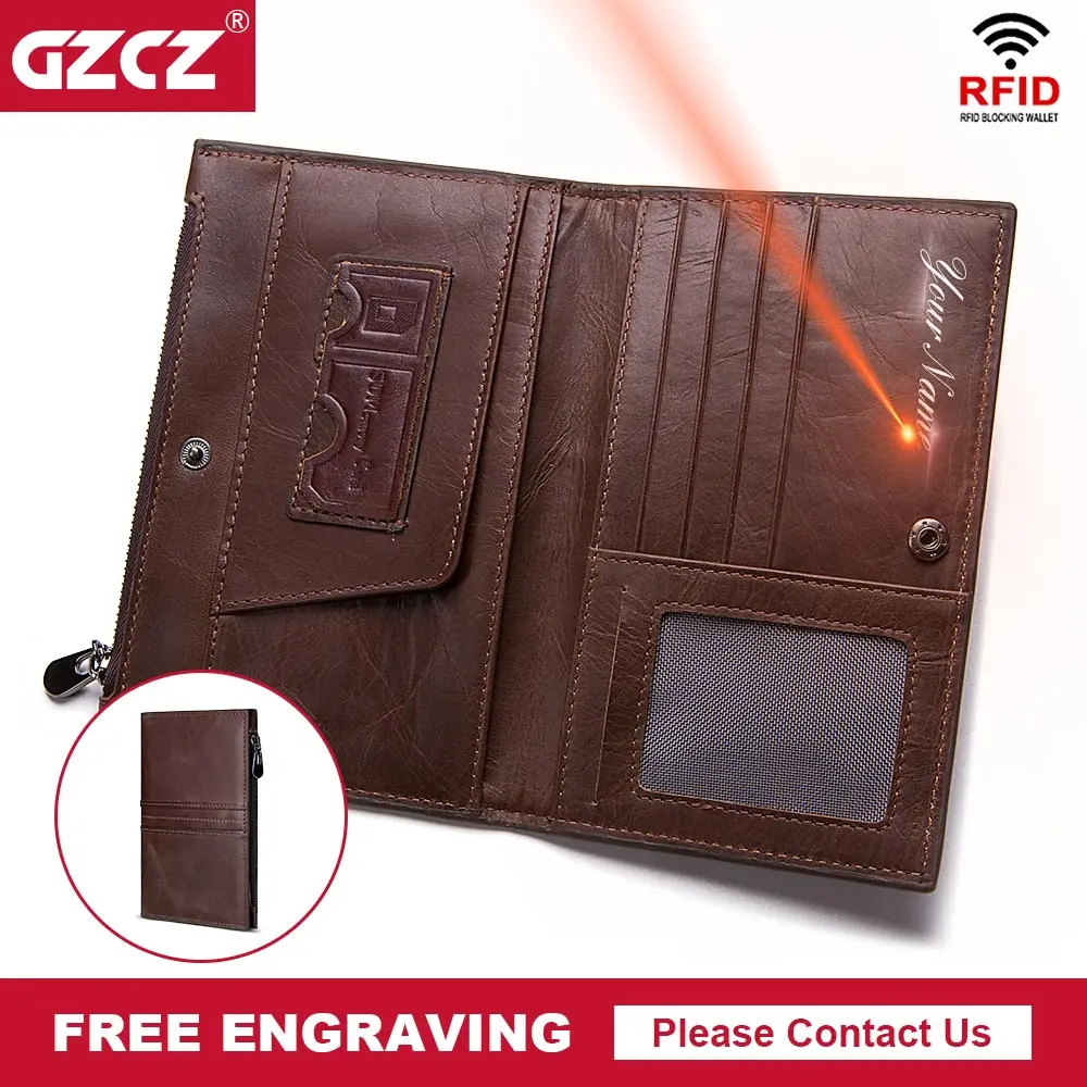 GZCZ мужской кошелек из натуральной кожи RFID для монет двойные длинные кошельки на