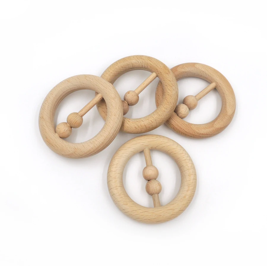 80mm natural customized logo DIY Organic beech Ring teething toy round beech Wooden baby teethers toddler