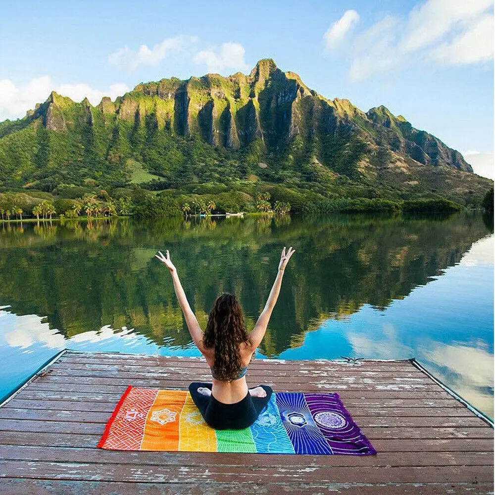 

1PC Rainbow Boho Beach Mat Mandala Blanket Striped Wall Hanging Tapestry Summer Beach Towel Yoga Mat