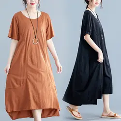 0163 летнее платье с коротким рукавом женские негабаритные свободные хлопковые льняные винтажные повседневные миди асимметричные платья