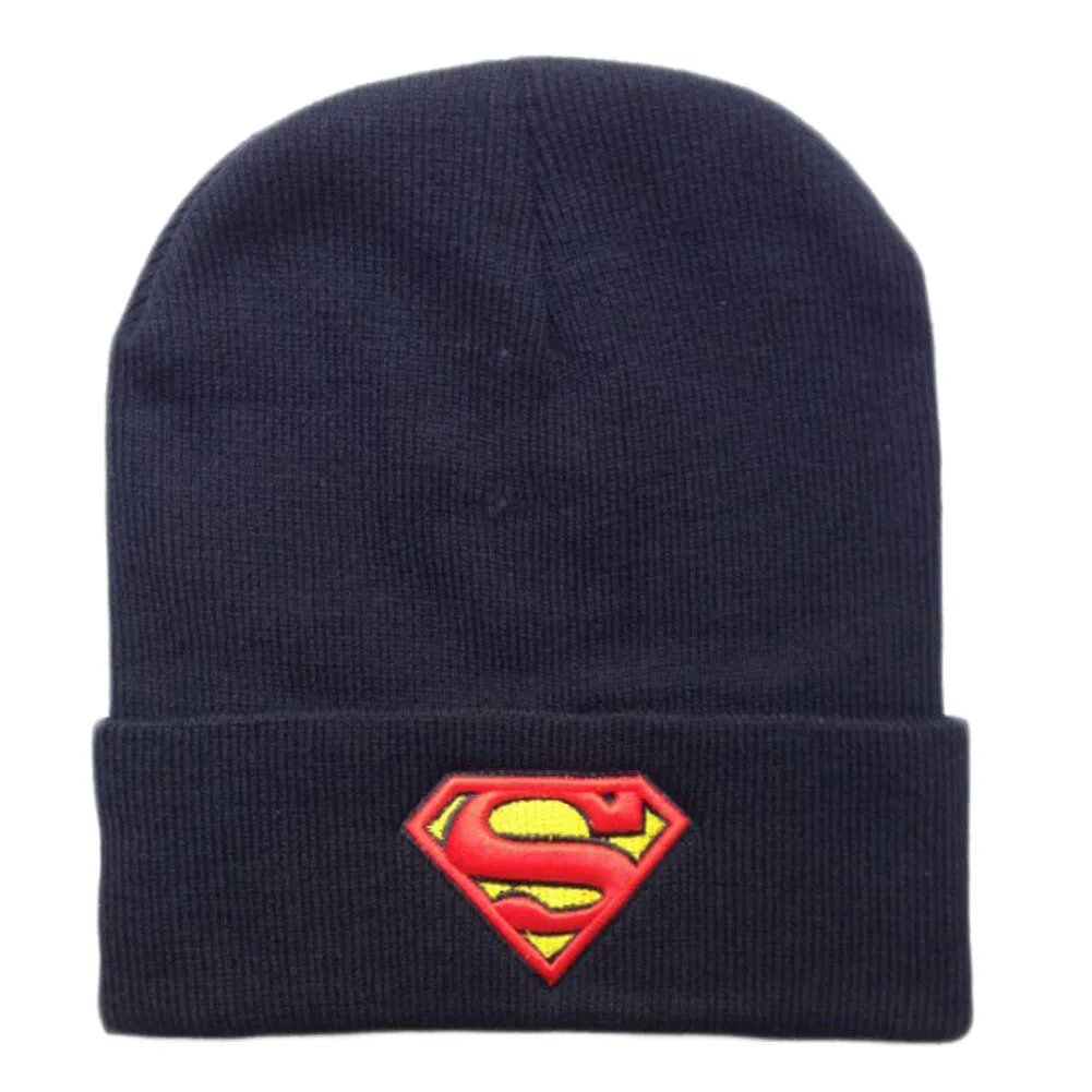 Хит, новая модная зимняя вязаная шапка с вышивкой Супермена, Бэтмена, вязаная шапка для женщин и мужчин, спортивная теплая шерстяная шапка Бэтмена - Цвет: Черный