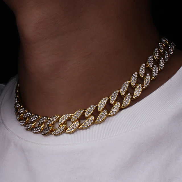 Karopel Iced Out Bling Rhinestone Golden Finish Miami Cuban Link Chain Necklace Men's Hip hop