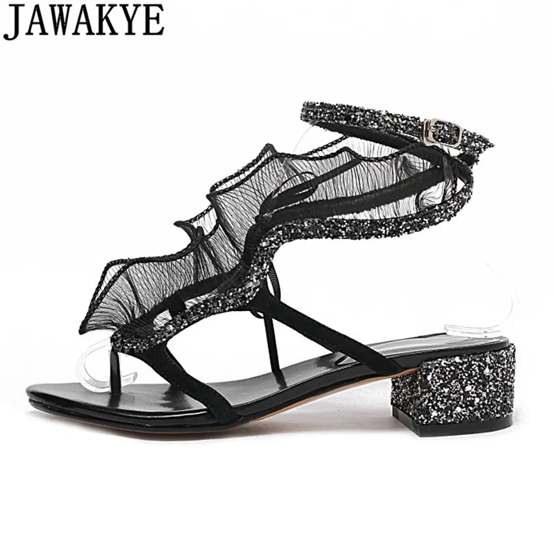 

2018 Hot sell Summer shoes women middle Heels gladiator Sandals bling bling sequins ruffles flowers ankle strap sapato feminino
