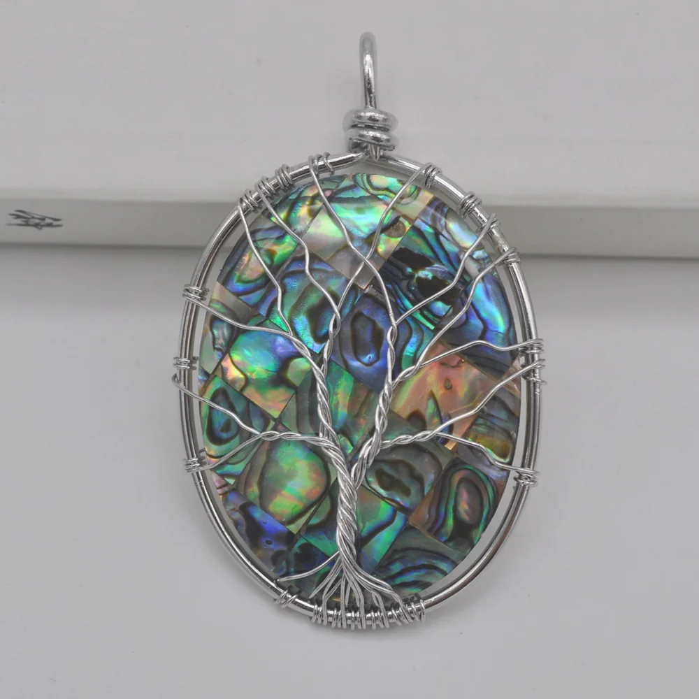 

Natural Lucky Handmade Tree of life New Zealand Abalone Shell Oval Wire Wrap GEM Pendant Jewelry S069