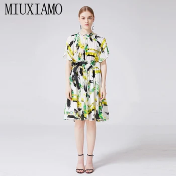

MIUXIMAO 2019 Spring&Summer Elegant Dress Newest Fashion Floral Dress Half Print Dress Women vestido With Belt