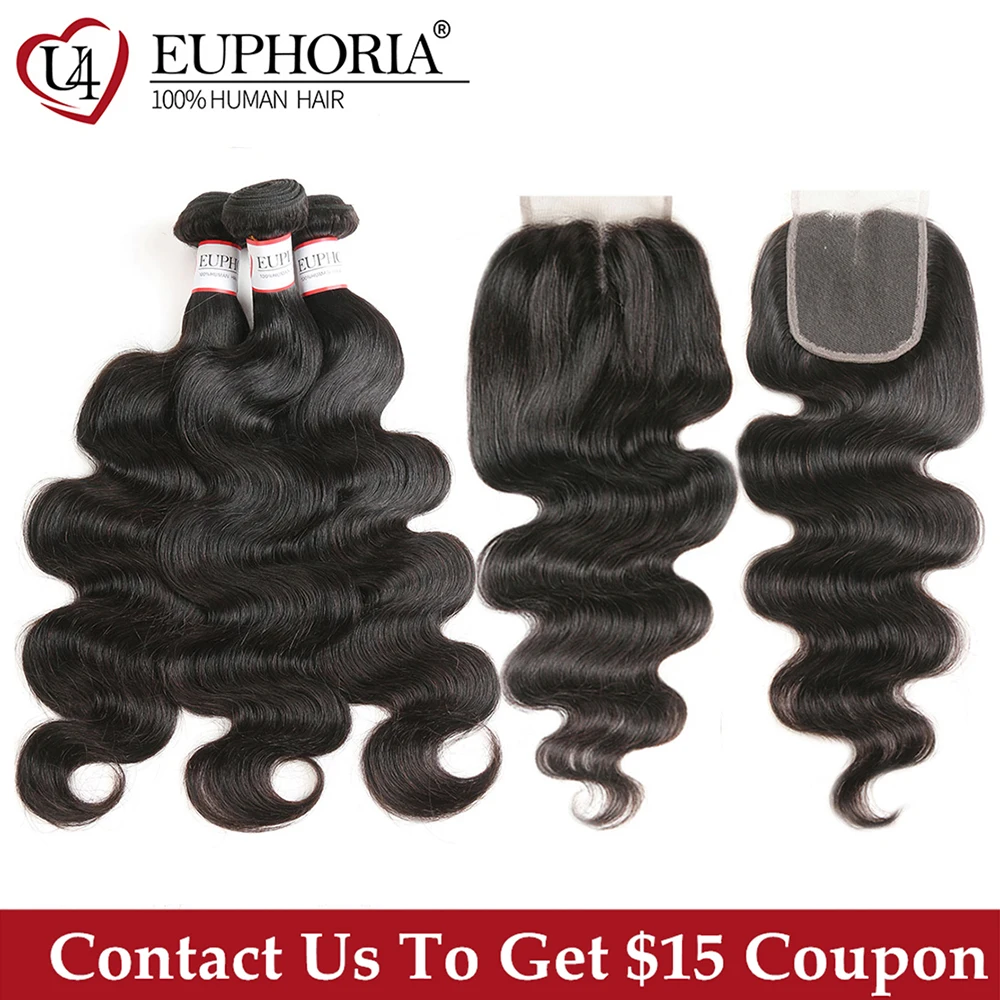

Body Wave Peruvian Human Hair Weaves With Lace Closure Middle Free Part EUPHORIA Natural Color Remy Hair Weaving With Closures