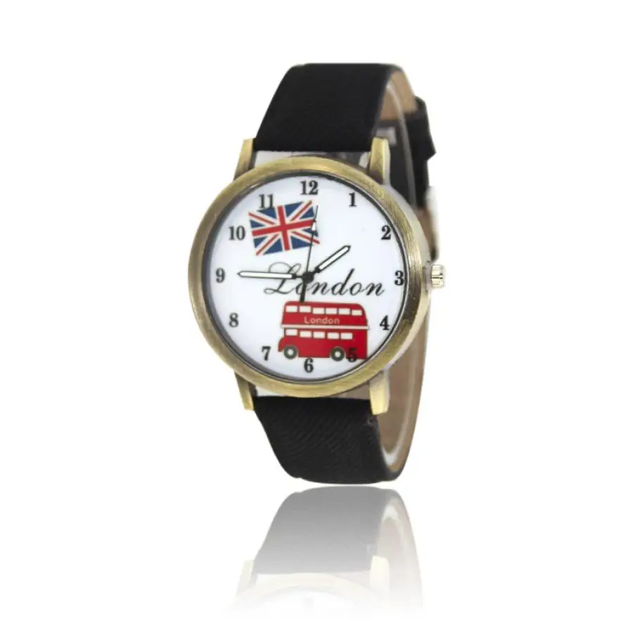

Relogio Feminino Willby Retro London Bus Flag Watch Leather Round Quartz Wrist Watches reloj mujer clock hours bayan kol saati
