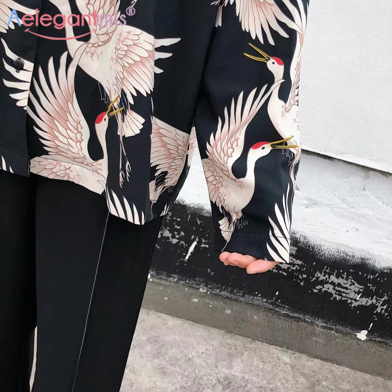 Рубашка женская Aelegantmis весенняя с длинным рукавом и отложным воротником|bird print