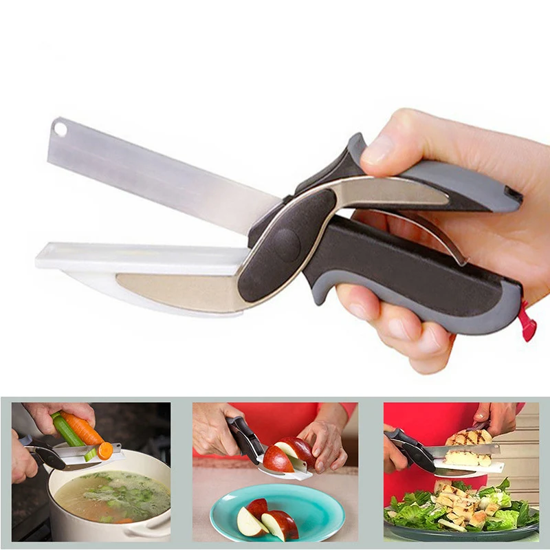  2 in 1 Kitchen Knife & Cutting Board Scissors Stainless Steel Kitchen Food Cutter For Meat Vegetable fruit 