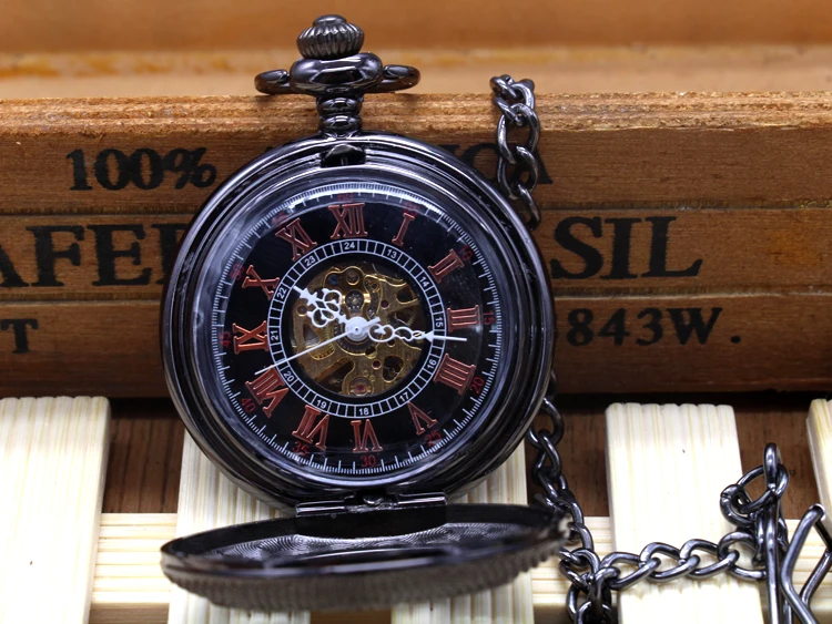

Cool Black Hollow Sun Flower Case Design Roman Number Skeleton Mechanical Fob Pocket Watch With Chain Gift To Men Women