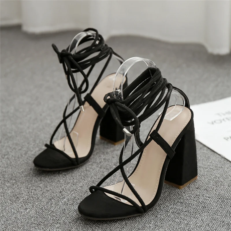 Women 11.5cm High Heels Sexy Up Toe Heels Black Sandals Pumps Valentine Chunky Wedding Block Heels Gladiator Shoes YFD-153