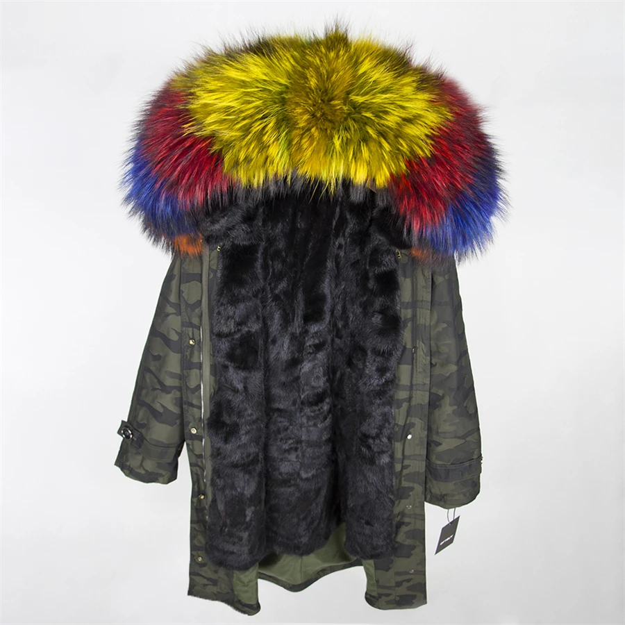 OFTBUY,, пальто с натуральным мехом, X-long, Камуфляжная парка, зимняя куртка для женщин, большой воротник из натурального меха енота, капюшон, подкладка из натурального меха норки - Цвет: green Camouflage 17
