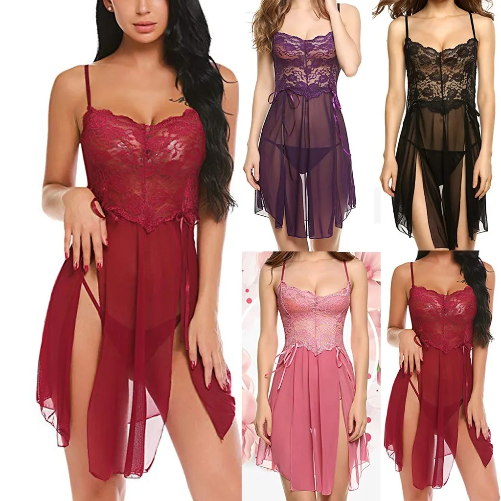 

See Through Lace Sleepwear Nightwear For Women New Sexy Women Flower Lace Camisole Sleepwear Lingerie Bowknot Mesh Nightdress