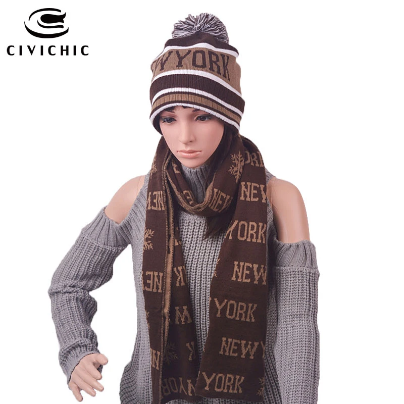 CIVICHIC Conjunto de gorro y bufanda de lana de imitación para hombre mujer, cálido con estampado de Nueva York, chal grueso para el cuello, regalo de Navidad, SH108|hat scarf set|scarf