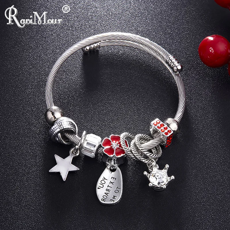 

RAVIMOUR Fashion Cuff Bracelets for Women Wire Steel Chain Charm Metal Bead Star Crown Flower Bracelet Bangle DIY Female Jewelry
