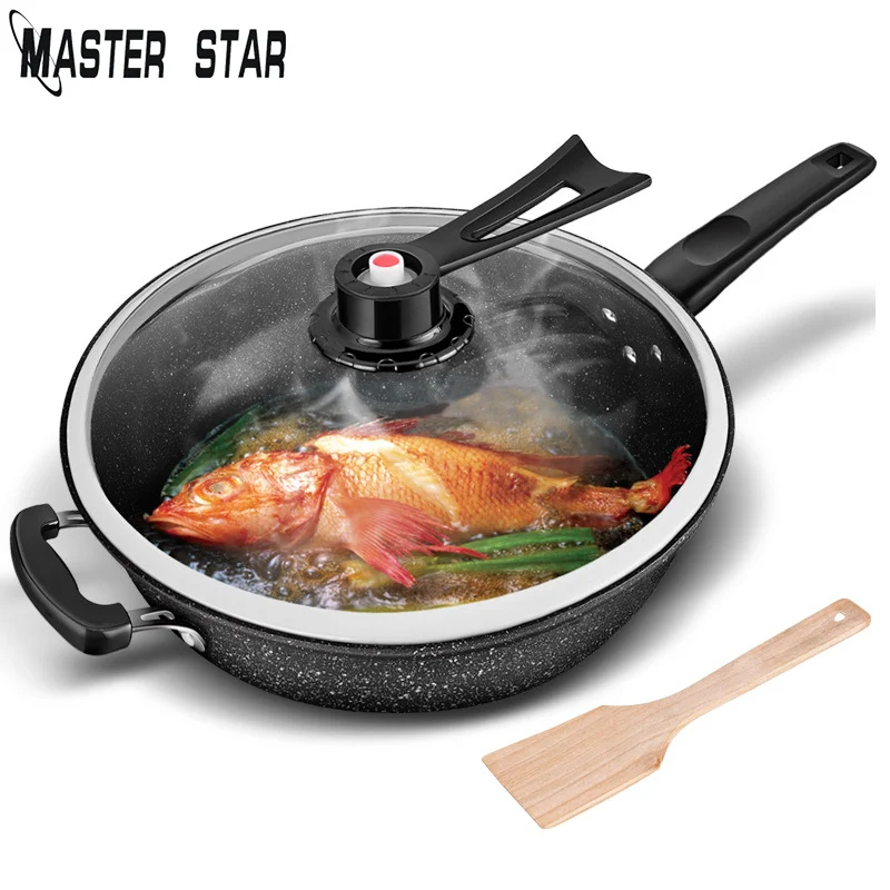 Master Star 32 см китайские медицинские каменные Woks со стеклянной крышкой антипригарные железные Woks общего использования для газовой и индукционной плиты - Цвет: Черный