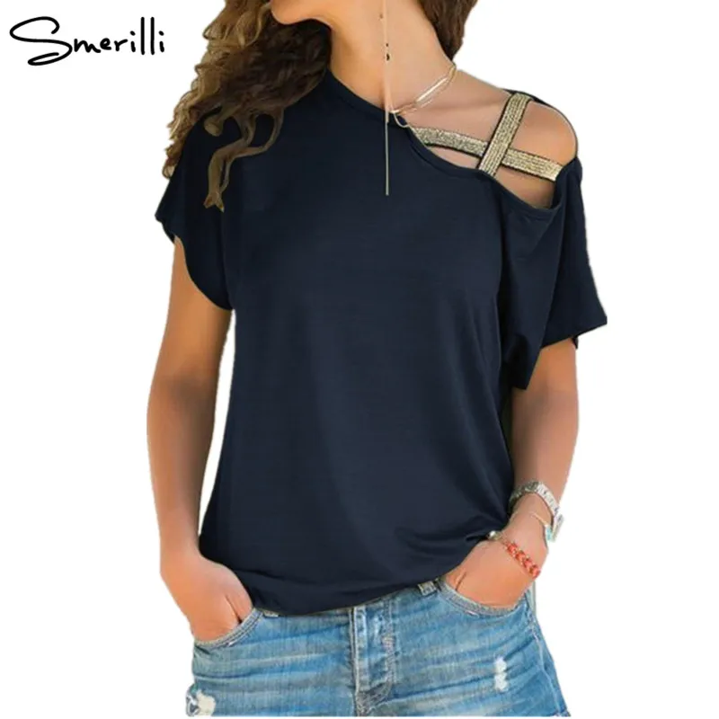One Shoulder Sequin T-Shirt Women Skew Neck Tee Short Sleeve T Shirt 2018 Summer Casual Streetwear Ladies Tops Tshirts Plus Size Tops