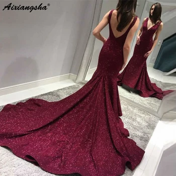 

Burgundy Mermaid Evening Prom Gown largos de fiesta V-Neck Sleeveless Backless Sweep Train Shinning Long Prom Dress