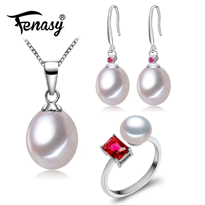 

FENASY Pearl Jewelry party earrings for women fine jewelry simple red stones natural pearl long geometric drop earrings
