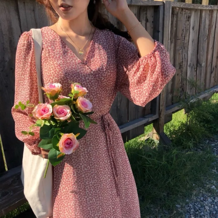

Pengpious soft chiffon women dress floral printing dress England fashion v-neck long sleeves early fall women dress