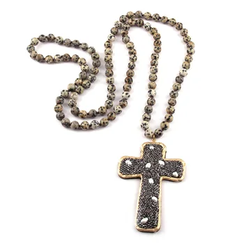 

Fashion Bohemian Jewelry 108pc Mala Stone Knotted Big Crystal Pave Cross Pendant Yoga Necklace