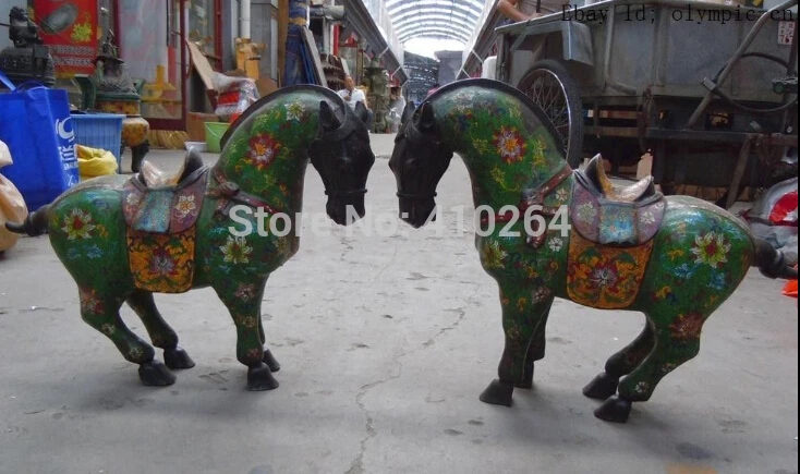 

Free Shipping $wholesale_jewelry_wig $ 15 Inch China bonze cloisonne carved green flower horse pair Sculpture statue